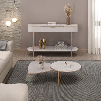 Conjunto Mesas de Centro Decorativas Oak e Dutton Pés Metálicos Dourados Fendi/Quartzo G18 - Gran Belo