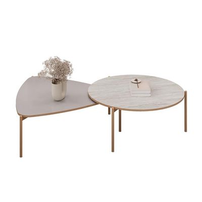 Conjunto Mesas de Centro Decorativas Oak e Dutton Pés Metálicos Dourados Fendi/Quartzo G18 - Gran Belo