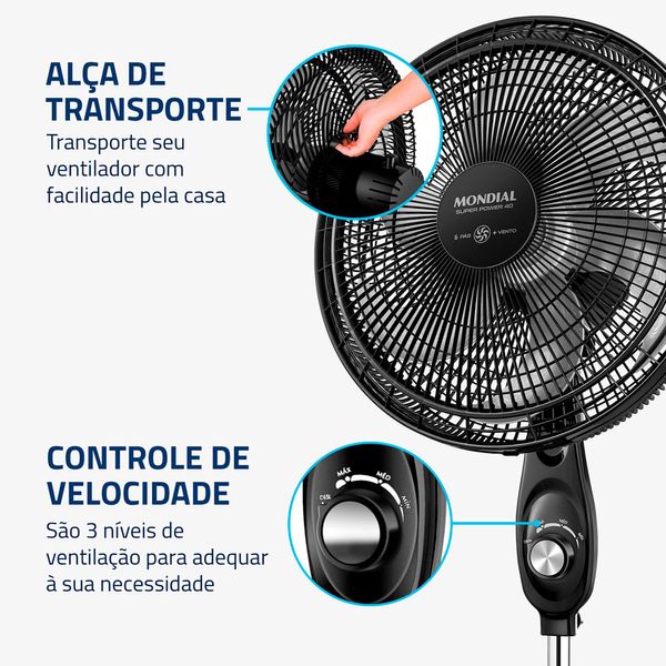 Ventilador de Coluna Mondial Super Power 6 Pás VSP-40C-NB - 40cm 110V