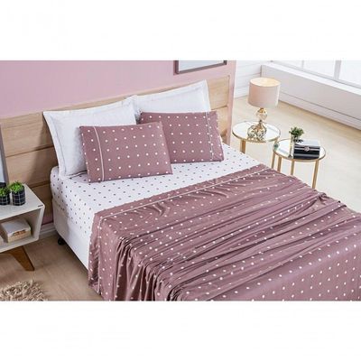 Jogo De Cama Lençol 200 Fios Petit Poá Solteiro 03 Peças - Rose