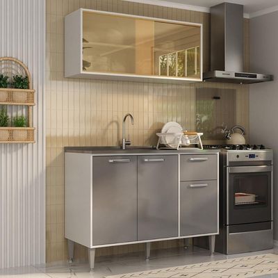 Armário De Cozinha Com Balcão Para Pia Siena Multimóveis Mp2216 Branco-lacca Fumê Branco-lacca Fumê