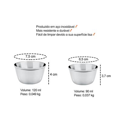Ramekin Tigela Inox Sobremesa Mini Bolo Sufle Kit 90 e 120ml