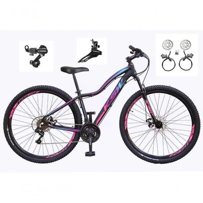 Bicicleta Aro 29 Ksw Mwza Feminina Câmbios Shimano 21v Freio Hidráulico Garfo Suspensão preto-pink-Azul Tam: 15