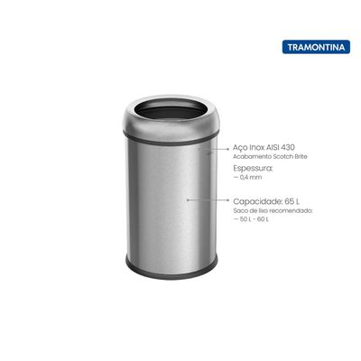 Lixeira Tramontina Institucional Inox  65 L sem Tampa