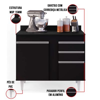 Balcão de Cozinha Lavanderia com Tampo 02 Gavetas Bia Preto 100 cm L06 - D'Rossi