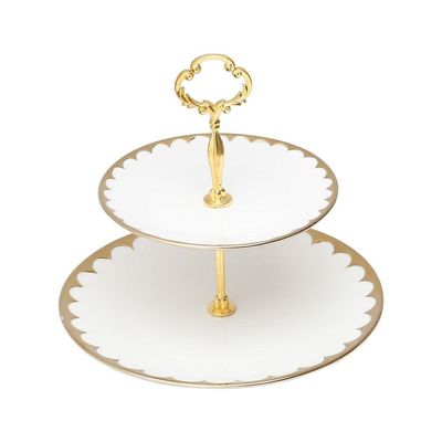 Porta Doces De Porcelana 2 Andares Paddy Branco E Dourado 19/27 X 24 Cm Wolff