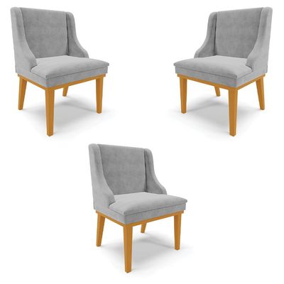 Kit 3 Cadeiras Decorativas Sala de Jantar Base Fixa de Madeira Firenze Suede Cinza/Castanho G19 - Gran Belo