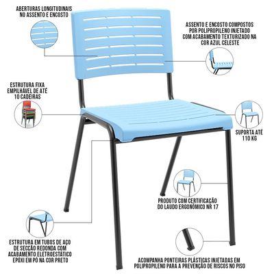 Kit 02 Cadeiras Empilhável Fixa Escritório Multiuso Base Preta Kimi P03 Azul Celeste - Lyam Decor