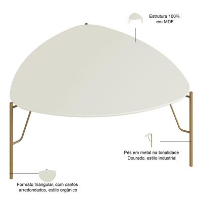 Mesa de Centro Para Sala de Estar Alta Pés Industrial Dourado Alef I03 Luna - Lyam Decor