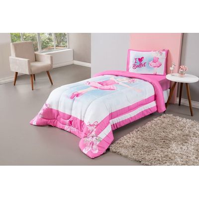 Kit Edredom + Lençol Plush Fofinho Infantil Dupla Face Dream 3 Peças Solteiro - Bailarina