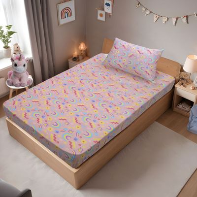 Jogo de Cama Solteiro Portallar Malha Misto Estampado Rainbow 2 Pçs com Elástico Rosa