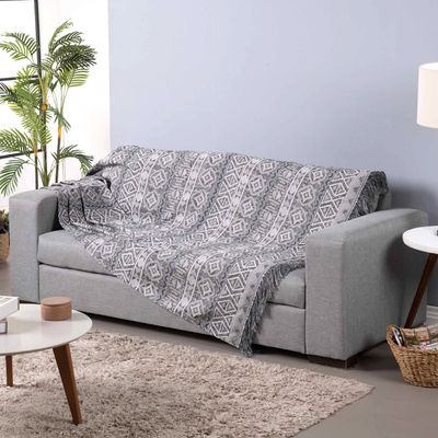 Xale Para Sofá Com Franja Luxor 1 Peça 2,10m x 1,35m 60% Algodão / 40% Poliéster Tecido Jacquard - Cinza Geométrico