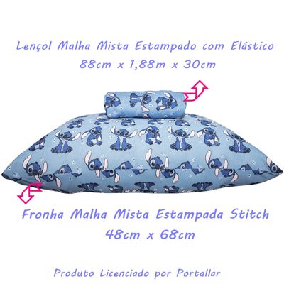 Jogo de Lençol KazzaVip Solteiro Malha Mista 70% Algodão e 30% Poliéster Estampado Disney Stitch Blue Kids 2 Peças Azul