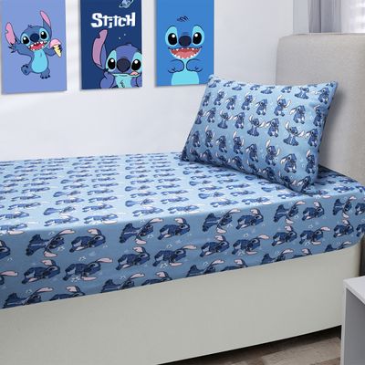Jogo de Lençol KazzaVip Solteiro Malha Mista 70% Algodão e 30% Poliéster Estampado Disney Stitch Blue Kids 2 Peças Azul