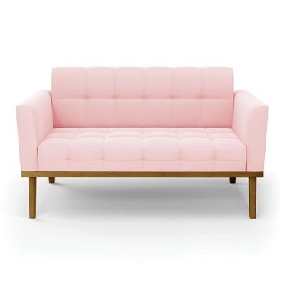 Poltrona Namoradeira Decorativa Karen Pés Fixo em Madeira Castanho Suede Rosa Bebê G19 - Gran Belo