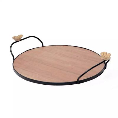 Bandeja Redonda Decorglass Borboletas em Ferro com Base em Madeira 37cm - 1 Peça