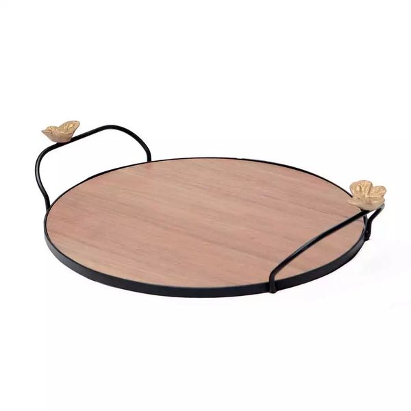 Bandeja Redonda Decorglass Borboletas em Ferro com Base em Madeira 37cm - 1 Peça