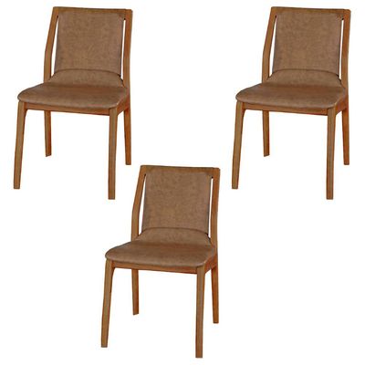 Kit 3 Cadeiras Decorativas Sala de Jantar Madeira Maciça Bruyne PU Marrom - Gran Belo