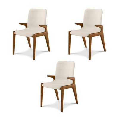 Kit 3 Cadeiras Decorativas Sala de Jantar Madeira Maciça com Braço Pigeon Linho Bege/Mel - Gran Belo