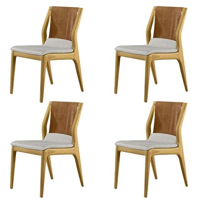 Kit 4 Cadeiras Decorativas Sala de Jantar Madeira Maciça Bruyne PU/Linho Marrom/Bege  - Gran Belo
