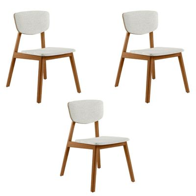 Kit 3 Cadeiras Decorativas Sala de Jantar Madeira Maciça Lang Linho Off White/Mel - Gran Belo