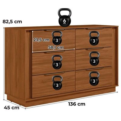Comoda 6 Gavetas 136 Cm Giardino Nogueira Demobile Nogueira
