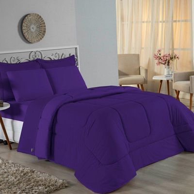 Kit Edredom Dupla Face + Jogo De Lençol Solteiro Nobre 5 Peças Malha 100% Algodão - Roxo