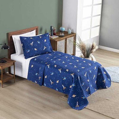 Kit Cobre Leito Colcha Carrosel Infantil Solteiro 2 Peças Microfibra Dupla Face - Azul Galáxia