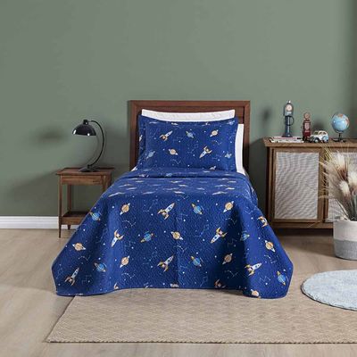 Kit Cobre Leito Colcha Carrosel Infantil Solteiro 2 Peças Microfibra Dupla Face - Azul Galáxia