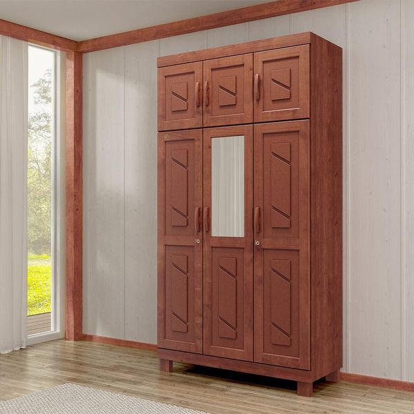 Guarda Roupa Solteiro Decorativo Alonso Madeira 06 Portas Com Espelho Imbuía G74 - Gran Belo