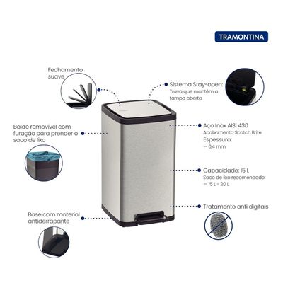 LIXEIRA TRAMONTINA OCTO AÇO INOX COM BALDE REMOVÍVEL E PEDAL 15L 94544/415