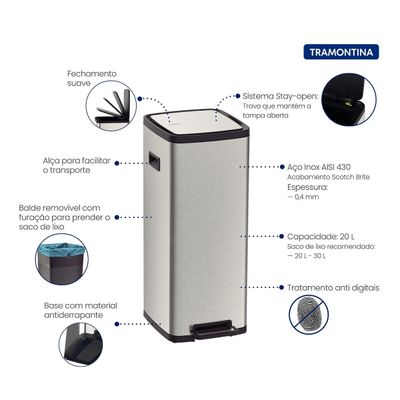 LIXEIRA TRAMONTINA OCTO AÇO INOX COM BALDE REMOVÍVEL E PEDAL 20L 94544/420