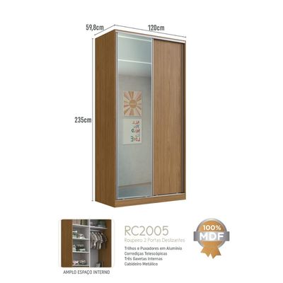 Guarda Roupa Solteiro Espelho Freijó Natural 2 Portas de Correr 120x59,8x235cm RC2005 Emovell