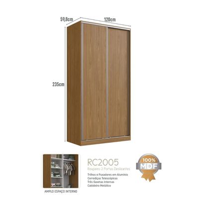 Guarda Roupa 120x59,8x235cm Freijó Natural 2 Portas de Correr 2005 Emovell
