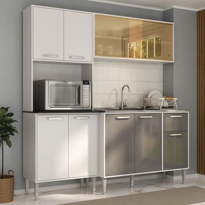 Armário De Cozinha Compacta Com Balcão Para Pia Multimóveis Branco-lacca Fumê Branco-lacca Fumê