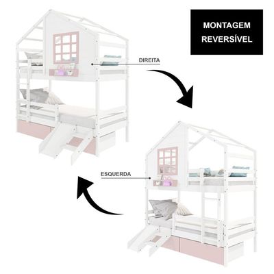 Beliche Casinha Com Janela 02 Gavetas Rosa Com Escada/ Escorregador E Grade De Proteção Madeira Branco/ Rosa Housin