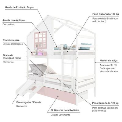 Beliche Casinha Com Janela 02 Gavetas Rosa Com Escada/ Escorregador E Grade De Proteção Madeira Branco/ Rosa Housin