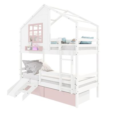 Beliche Casinha Com Janela 02 Gavetas Rosa Com Escada/ Escorregador E Grade De Proteção Madeira Branco/ Rosa Housin