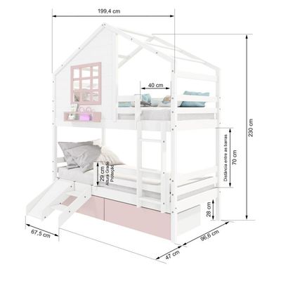 Beliche Casinha Com Janela 02 Gavetas Rosa Com Escada/ Escorregador E Grade De Proteção Madeira Branco/ Rosa Housin