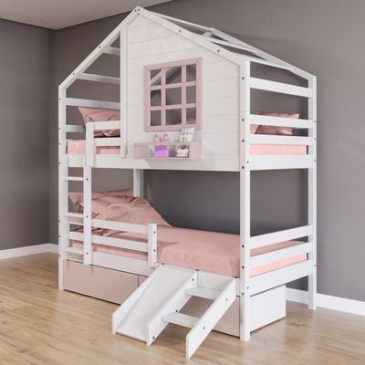 Beliche Casinha Com Janela 02 Gavetas Rosa Com Escada/ Escorregador E Grade De Proteção Madeira Branco/ Rosa Housin