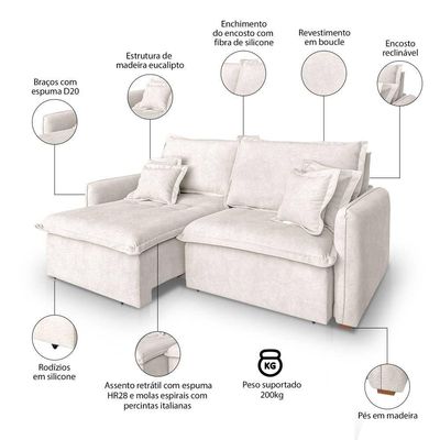 Sofá 3 Lugares 2,20m Retrátil E Reclinável Em Tecido Bouclé – Malta Lucadi Off White