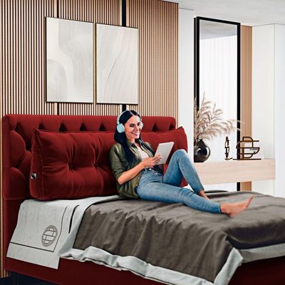 Almofada Para Cabeceira Encosto Apoio Lombar Spot 160cm Com Porta Celular Veludo - Abmaza Vermelho