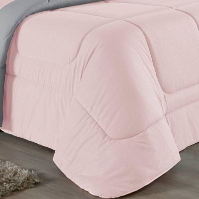 Kit Edredom Dupla Face + Jogo De Lençol Casal Nobre 6 Peças Malha 100% Algodão - Rosa / Cinza