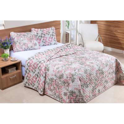 Kit Cobre Leito Estampado Queen Dupla Face Holambra  03 Peças - Rosa E Cinza