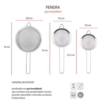 Peneira Inox Cabo Aço Cozinha Confeitaria Kit 10-16-20cm