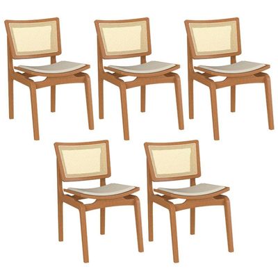 Kit 05 Cadeiras Decorativas Sala de Jantar Madeira Champagne Ravi Linho Bege - Gran Belo
