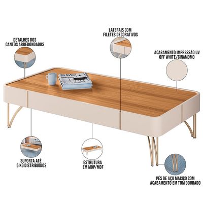 Mesa de Centro Decorativa Sala de Estar Harmony B01 Off White Cinamomo - Lyam Decor