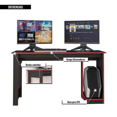 Mesa Gamer Computador Escrivaninha Preta Vermelha Caemmun