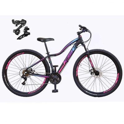 Bicicleta Aro 29 Ksw Mwza Feminina Câmbios Shimano 21v Freio A Disco Garfo Suspensão Mtb preto-pink-Azul Tam: 17