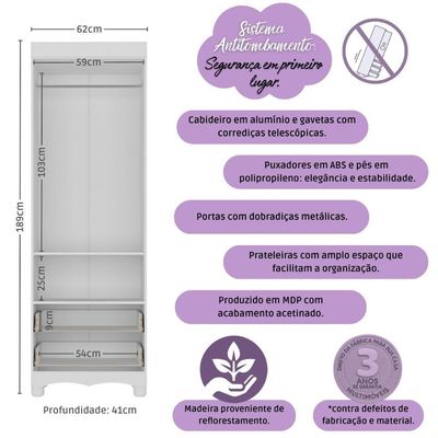 Guarda-roupa Infantil 62cm 2 Portas E 2 Gavetas Dengo Multimóveis Mp4436 Branco/off White Branco/off White